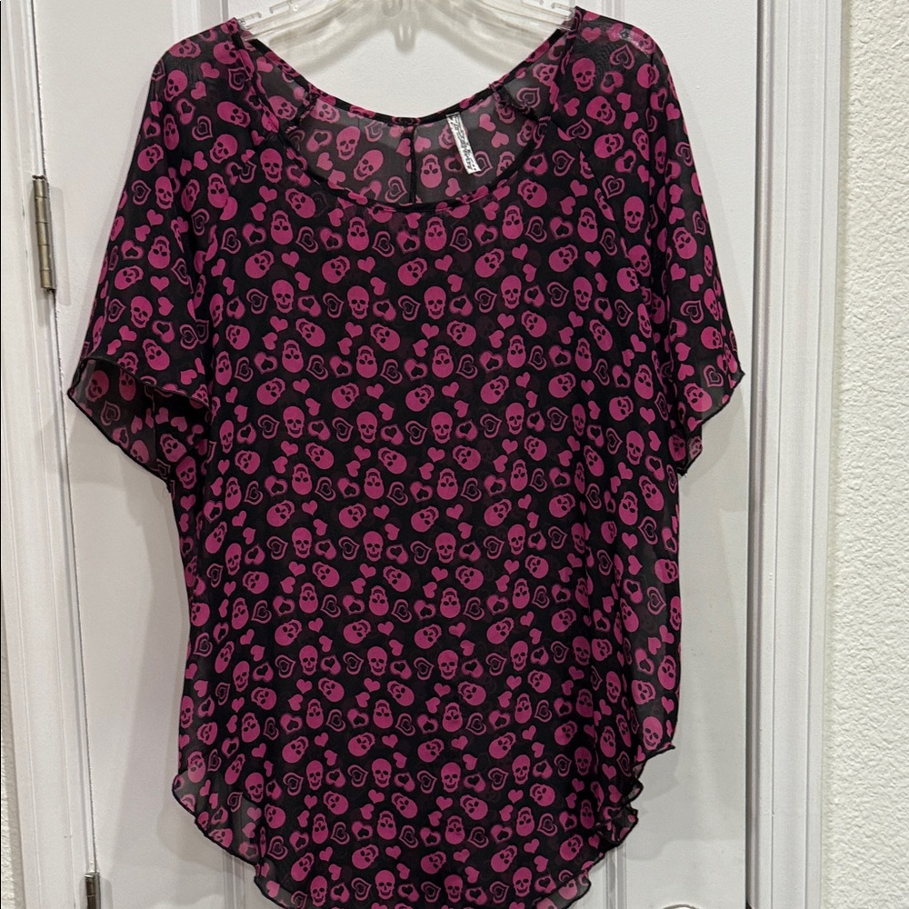 Pink Skull Print Sheer Women's Top